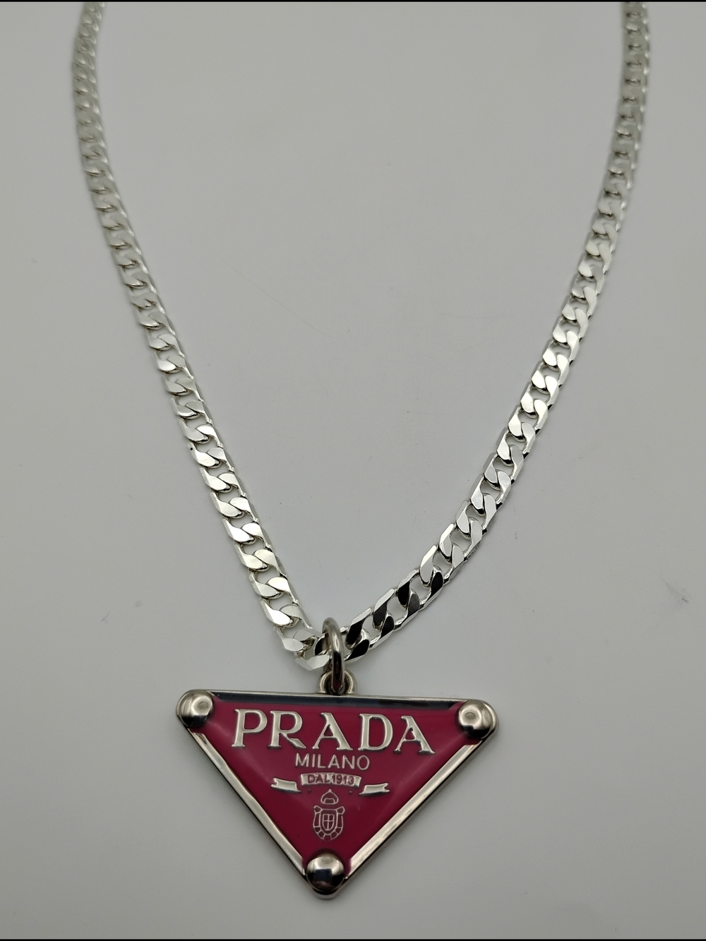 PRADA Milano Fuscia Triangle Logo Pendant On A 925 Sterling Silver Necklace - Picture 2 of 14
